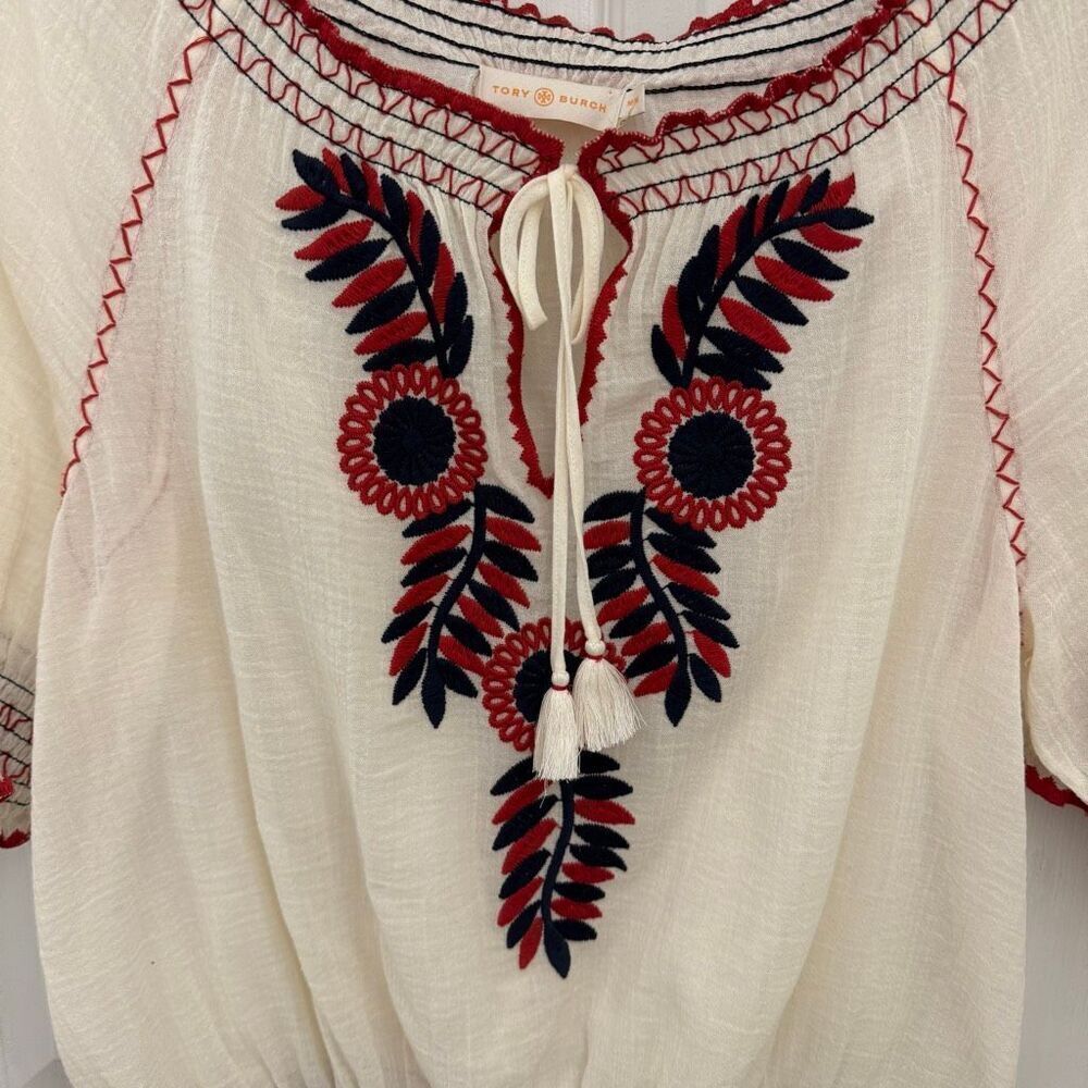 Tory Burch Mari Peasant Top Size Medium Embroidered Floral Cream Red - Picture 3 of 8